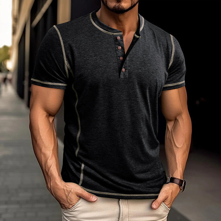 <font style="vertical-align: inherit;"><font style="vertical-align: inherit;">Europese en Amerikaanse zomer grensoverschrijdende Europese en Amerikaanse Henry overhemd met korte mouwen heren ronde hals T-shirt Amazon kleur bijpassende top T-shirt herenkle